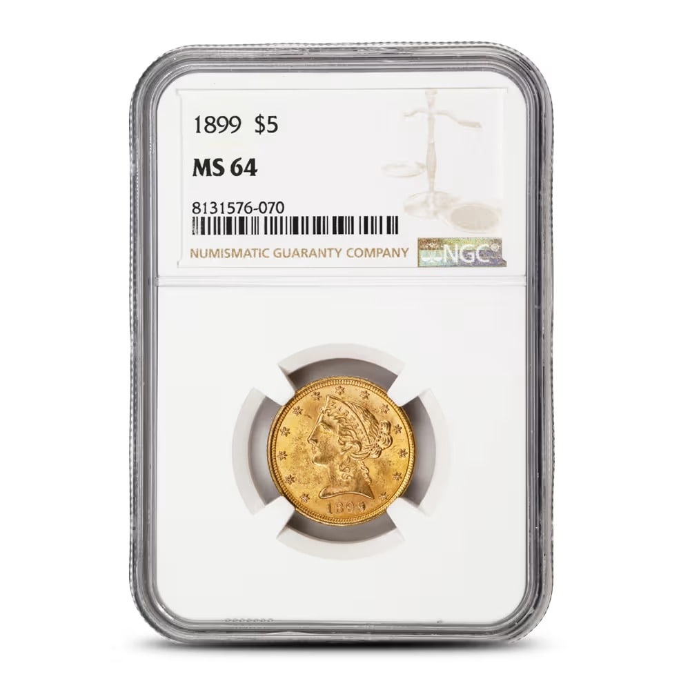 1899 Pre-33 $5 Liberty Gold Half Eagle Coin MS64 (PCGS or NGC): Certified MS64 by PCGS or NGC, this 1899 Liberty Head Half Eagle offers impressive preservation and eye appeal. Its combination of gold content and collector demand makes it a standout Pre-33 gold iss