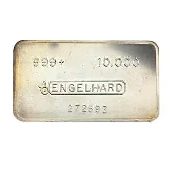 10 oz Engelhard Silver Vintage Bar .999+ Fine (Bull Logo, Smooth: This 10 oz Engelhard Silver Bar features the iconic bull logo with a smooth finish. Struck in .999+ fine silver, it represents a highly sought-after vintage design. Produced by Engelhard Corporation, 