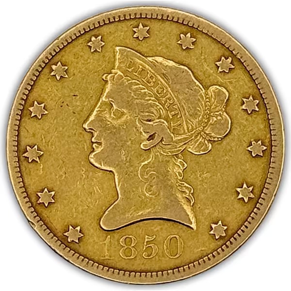 $10 Gold Liberty 1850 VF Light Graffiti on Reverse
