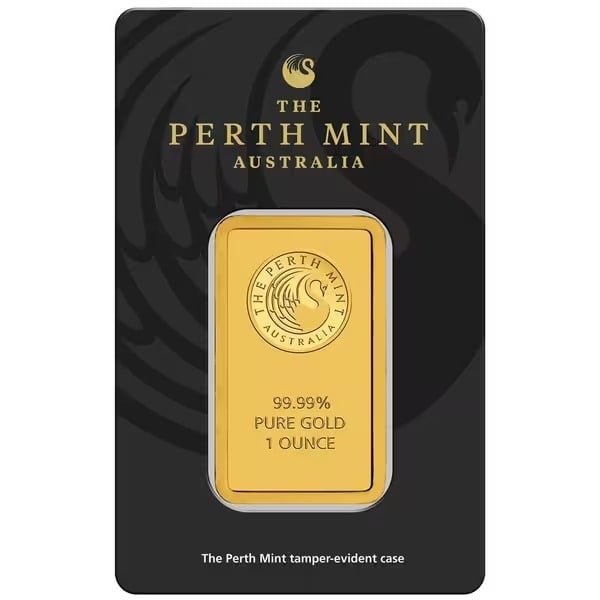 Perth Mint One Ounce Gold Bar: Perth Mint 1 oz Gold Bar .9999 pure minted ingot featuring the iconic swan and Australian kangaroos, sealed with tamper-proof assay card. Elegant, refined, and investment-ready, perfect for collectors