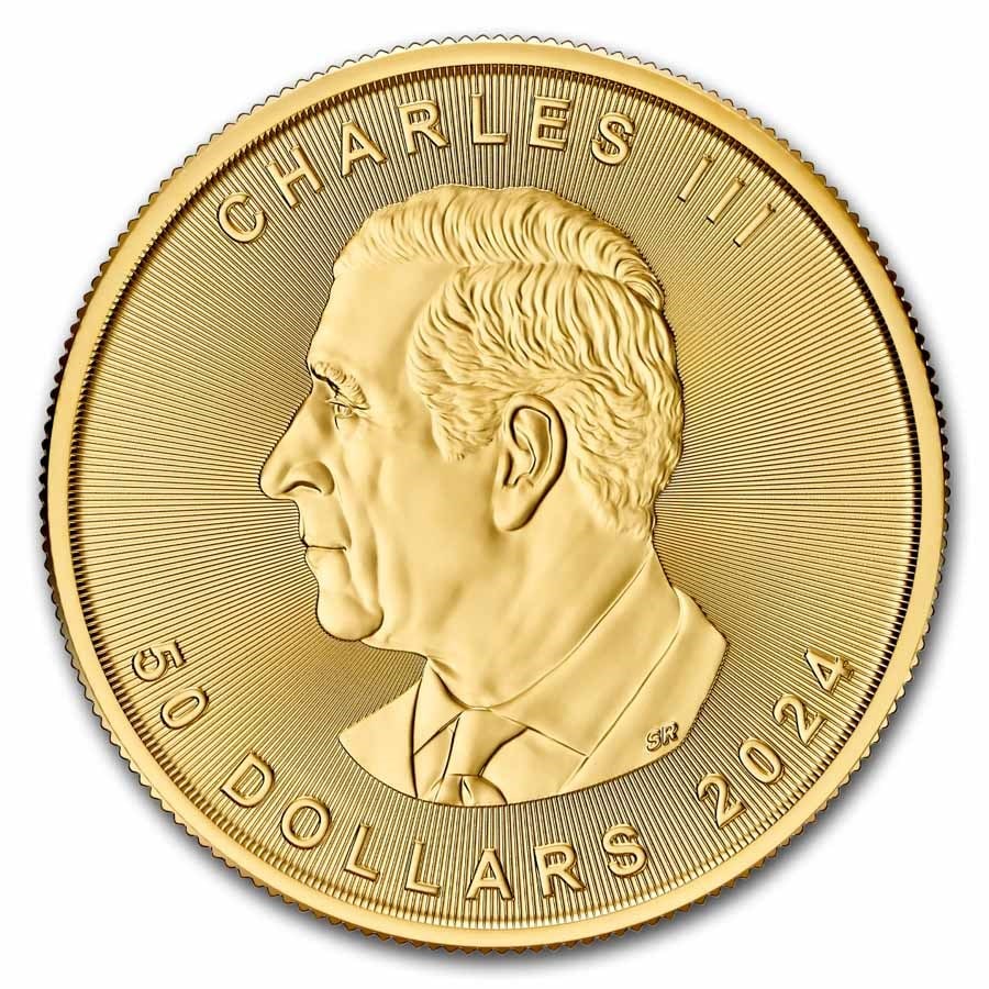 2024 Canada 1 oz Gold Maple Leaf BU: 2024 Canada 1 oz Gold Maple Leaf BU struck in .9999 fine gold, marking the new royal era with the first-year effigy of King Charles III. Features radial line security and a micro-engraved ?24? privy m