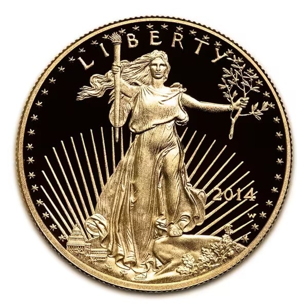 Proof American Gold Eagle One Tenth Ounce - In Capsule (Dates Our Choice): Containing 1/10 troy ounce of fine gold, this Proof American Gold Eagle showcases the U.S. Mint's renowned mirror-like finish and frosted design details. Each coin is securely housed in a protective c