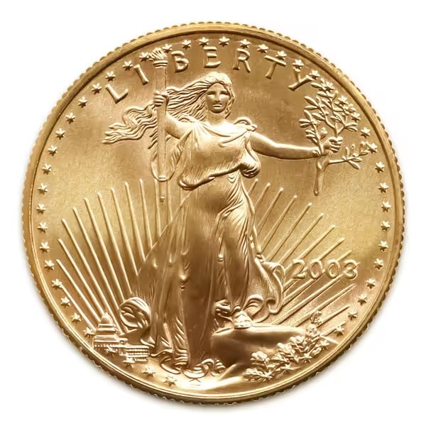 2003 American Gold Eagle 1/10 oz Uncirculated: 2003 American Gold Eagle 1/10 oz Uncirculated Brilliant Uncirculated 22-karat gold coin featuring Saint-Gaudens? Lady Liberty and two nesting bald eagles, U.S. government-backed with $5 face value, pe