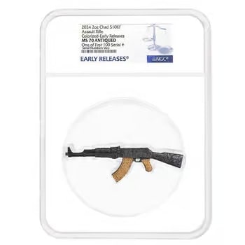 2024 Chad 2 oz Silver Assault Rifle Black & Gold NGC MS 70 ER One of First: The NGC-graded MS 70 Early Releases 2024 Chad 2 oz Silver Black & Gold Assault Rifle Coin is a flawless, .999 fine silver collectible representing the third release in the prestigious "Weapons of War"