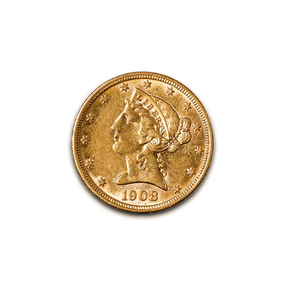 $5 Gold Liberty 1908 XF: The $5 Gold Liberty 1908 is a stunning example of early 20th-century American coinage, now preserved in Brilliant Uncirculated (BU) condition. Struck in .900 fine gold, this coin represents the final 