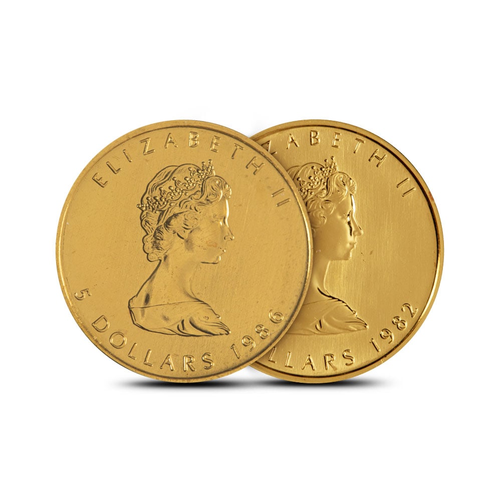 1/10 oz Canadian Gold Maple Leaf Coin (Random Year): 1/10 oz Canadian Gold Maple Leaf Coin (Random Year) Struck in .9999 pure gold, this fractional 1/10 oz coin features Queen Elizabeth II on the obverse and the iconic sugar maple leaf on the reverse, a