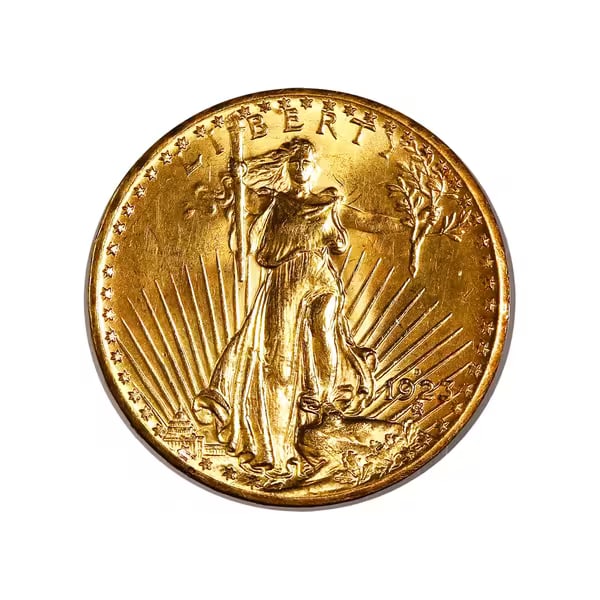 $20 Gold Saint Gaudens 1923-D UNC: The Saint-Gaudens Double Eagle 1923-D in Uncirculated condition showcases full original mint luster with sharp strike detail and exceptional eye appeal. Struck in .900 fine gold at the Denver Mint, th