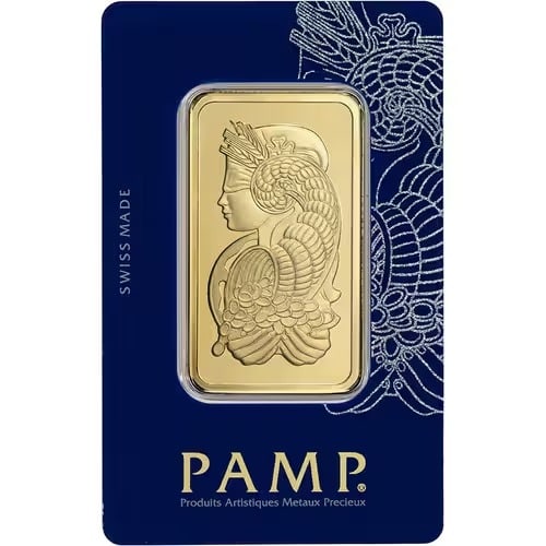 PAMP Suisse 50 Gram Gold Bar Fortuna Design: This 50 gram PAMP Suisse Gold Bar features the beautiful Fortuna design, symbolizing luck and prosperity. Minted from .9999 fine gold, it combines elegant artistry with exceptional purity. Each bar is