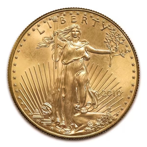 2010 American Gold Eagle 1/10 oz Uncirculated: Issued by the United States Mint, the 2010 American Gold Eagle 1/10 oz contains 1/10 troy ounce of gold and is struck in the official 22-karat Gold Eagle alloy for exceptional durability. Featuring Au