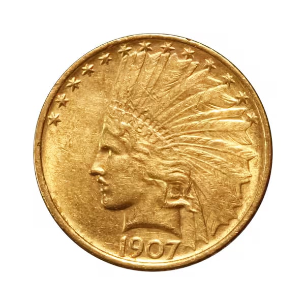 $10 Gold Indian 1907 No Motto AU: The 1907 $10 Gold Indian coin is a landmark in American numismatics, combining historical significance with exceptional artistic design. Struck during the early 20th century, this coin reflects a pivo