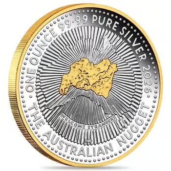 2026 1oz Silver Australian Nugget 40th Anniv: This 2026 1 oz Silver Australian Nugget 40th Anniversary Proof Gilded Coin contains 1 troy ounce of .9999 fine silver and celebrates the iconic Australian Nugget series. Featuring a proof finish with 