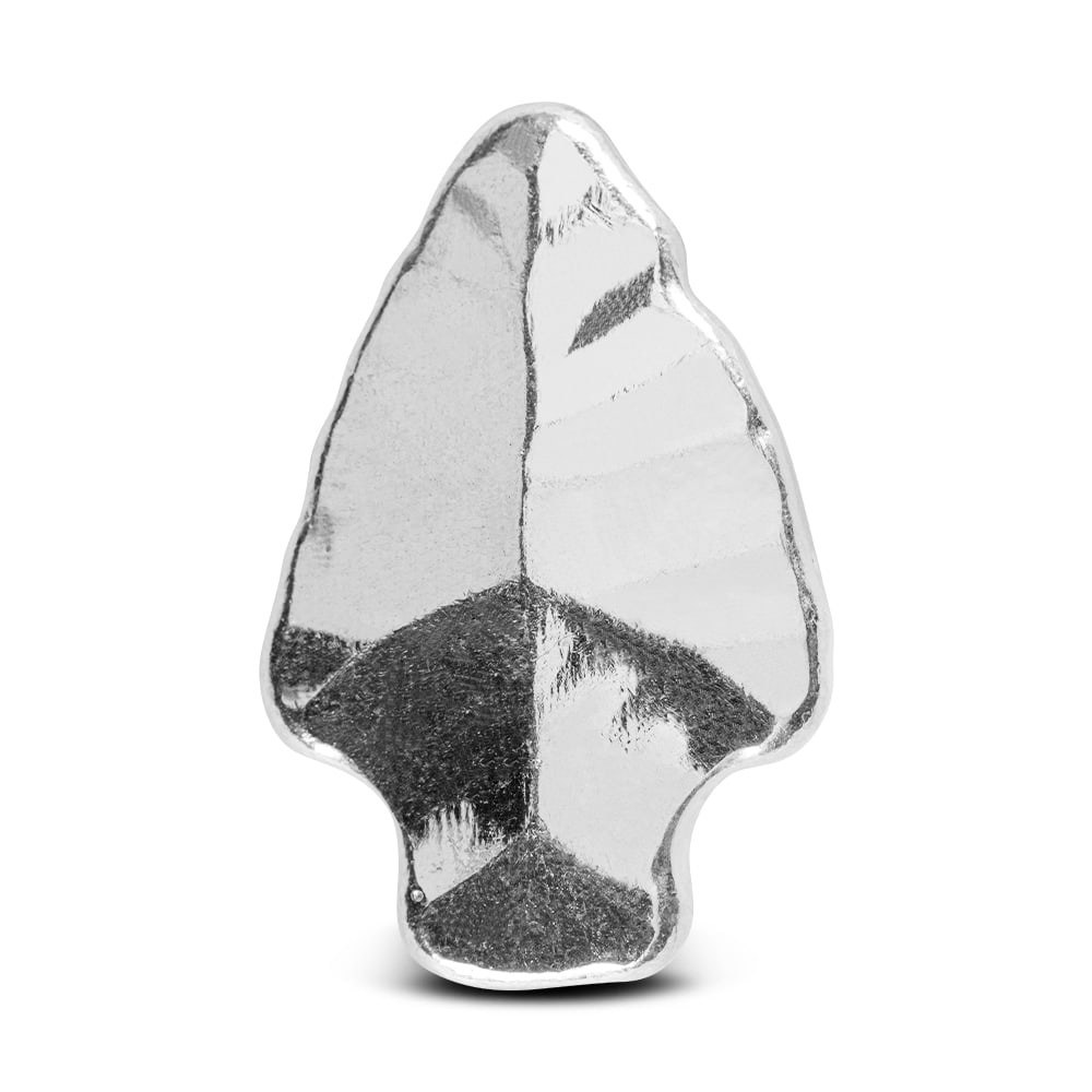 1 oz Monarch Silver 3D Poured Arrowhead: Crafted by Monarch Precious Metals, this 1 oz .999 fine silver piece is hand-poured into a striking 3D arrowhead shape. Its rugged appearance and unique craftsmanship make it both a collectible work o