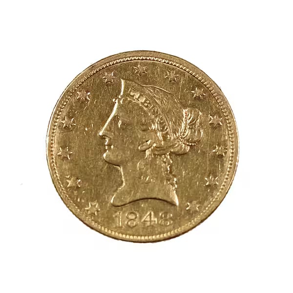 $10 Gold Liberty 1848 XF cleaned: the 1848 $10 Gold Liberty coin is a landmark piece in American numismatics, minted during the dawn of the California Gold Rush. This coin reflects a transformative period in U.S. history, when newfoun