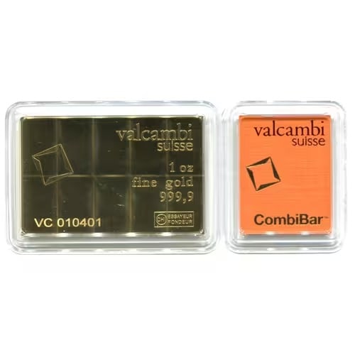 Valcambi Suisse 1 Ounce Gold CombiBar 10x1/10oz: Valcambi Suisse 1oz Gold CombiBar 10x1/10oz Innovative 1 oz .9999 fine gold bar divisible into 10 individual 1/10 oz units, offering unmatched flexibility for investors and collectors. Limited mintage
