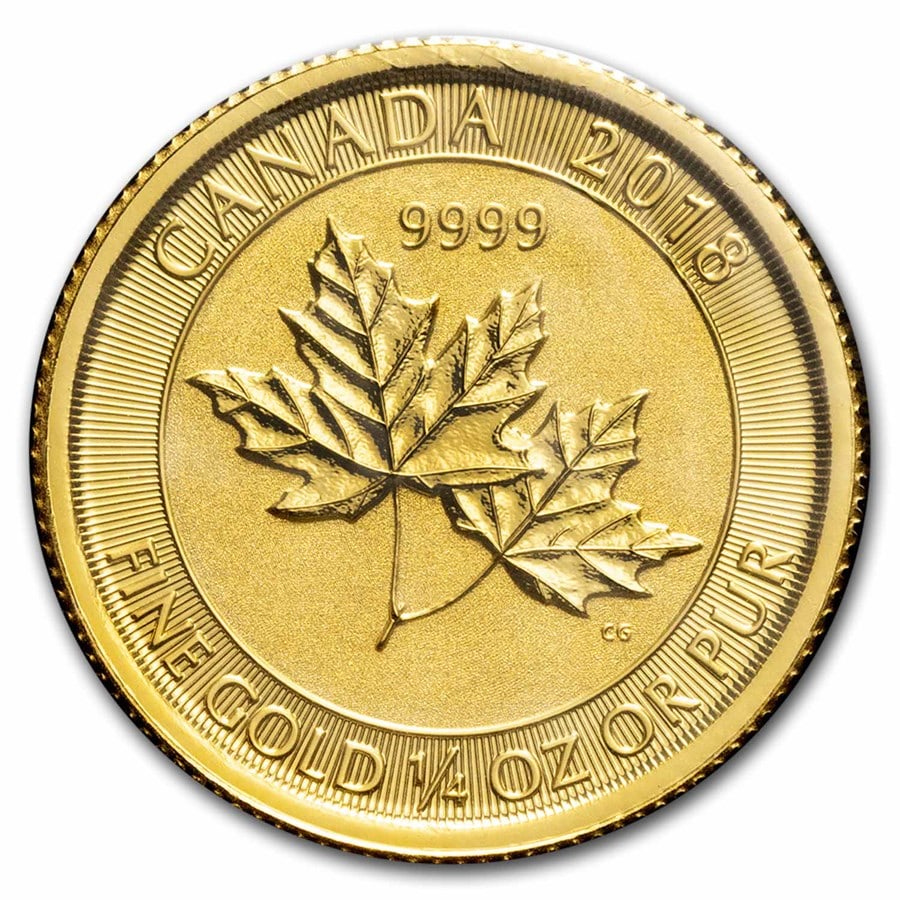 Canada 1/4 oz Gold Twin Maples BU (Random Year): Canada 1/4 oz Gold Twin Maples BU (Random Year), struck in 1/4 troy ounce of .9999 fine gold, features the iconic Twin Maples design in a compact bullion format. Each coin comes in protective packagin