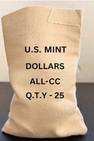 QTY 25 All CC Sealed Bag BU: An original Brilliant Uncirculated (BU) sealed bag containing 25 Carson City Mint Morgan Silver Dollars, each struck in 90% silver and featuring the legendary "CC" mint mark. These historic coins rema