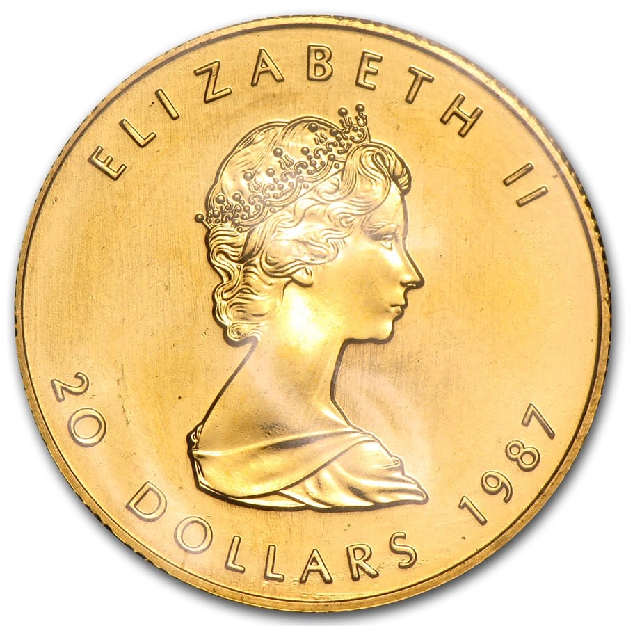 1987 Canada 1/2 oz Gold Maple Leaf BU: 1987 Canada 1/2 oz Gold Maple Leaf BU, struck in 1/2 troy ounce of .9999 fine gold, is a classic bullion coin prized for its purity and iconic Canadian design. Each coin comes individually in either p