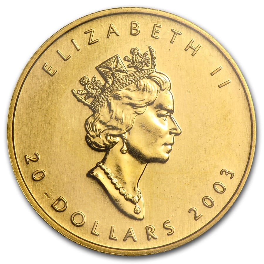 2003 Canada 1/2 oz Gold Maple Leaf BU: 2003 Canada 1/2 oz Gold Maple Leaf BU, struck in 1/2 troy ounce of .9999 fine gold, is a highly sought-after bullion coin with a limited mintage of 32,470 pieces. Each coin comes sealed in original mi