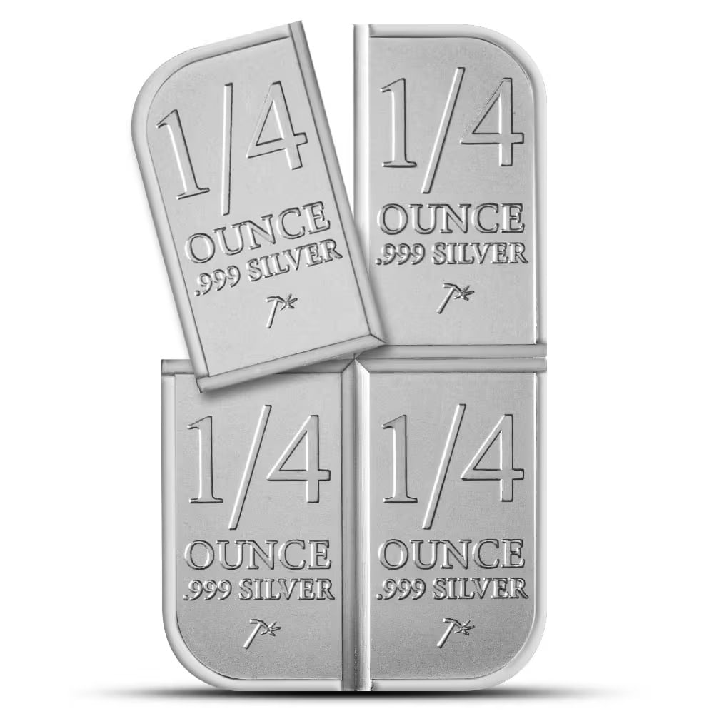 1 oz SilverTowne Divisible Silver Bar (New): This innovative 1 oz .999 fine silver bar is designed with divisible segments, allowing it to be separated into smaller units while retaining its silver value. Produced by SilverTowne, it offers both 