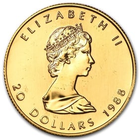 1988 Canada 1/2 oz Gold Maple Leaf BU: 1988 Canada 1/2 oz Gold Maple Leaf BU, struck in 1/2 troy ounce of .9999 fine gold, is a classic bullion coin valued for its purity and iconic Canadian design. Individual coins may come in original RC