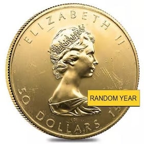 1 oz Canadian Gold Maple Leaf Coin (Random Year, Abrasions): 1 oz Canadian Gold Maple Leaf Coin (Random Year, Abrasions) - .999+ fine gold with $50 CAD face value, featuring the iconic maple leaf and Queen Elizabeth II portrait. Brilliant uncirculated with mino