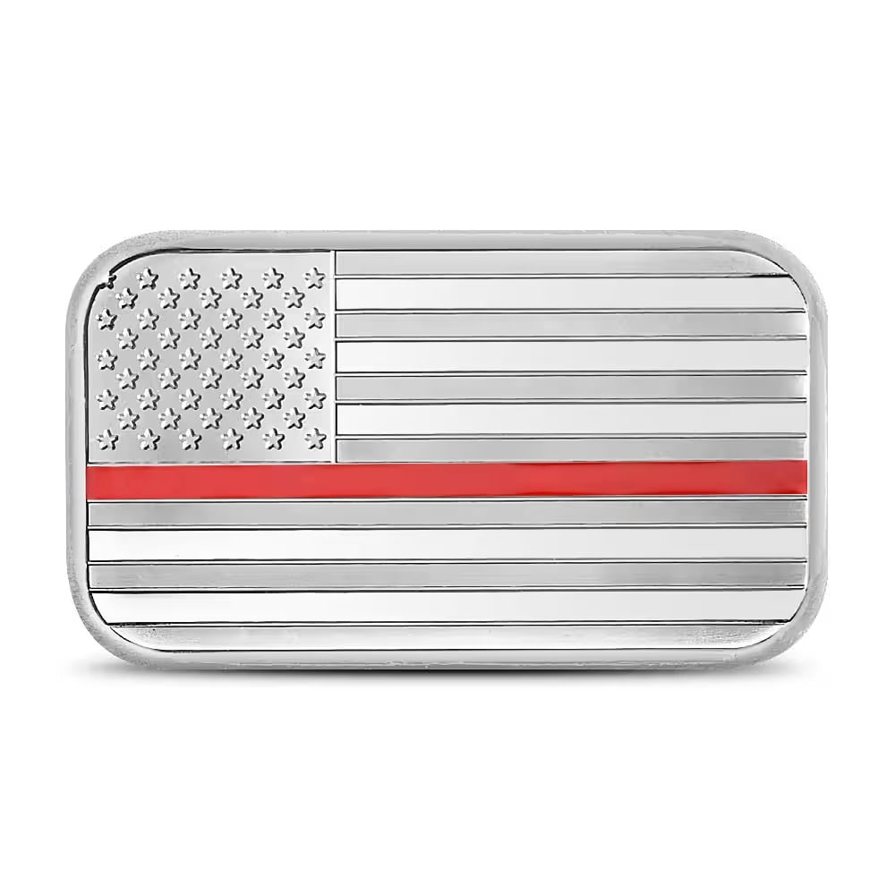 1 oz Silver Engravable Firefighter Flag Bar (New w/Gift Box): Celebrate the dedication of firefighters with this 1 oz .999 fine silver engravable bar. Featuring a firefighter-themed flag design and space for custom engraving, it makes a meaningful gift or commem