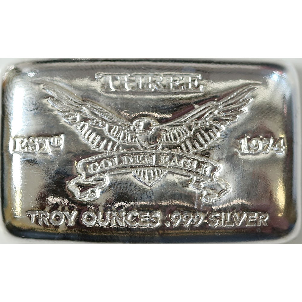 Golden Eagle 3 oz Silver Bar .999: Golden Eagle 3 oz Silver Bar .999 is a premium bullion piece crafted from 3 troy ounces of .999 fine silver, combining investment-grade purity with elegant design. This bar is sought after by collecto