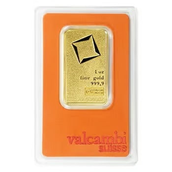 1 oz Matte Gold Bar Valcambi Suisse .9999 Fine (In Assay): This unique matte-finish 1 oz gold bar is produced by Valcambi and contains .9999 fine gold. Presented in an assay card, its distinctive finish offers a modern look while maintaining investment-grade 