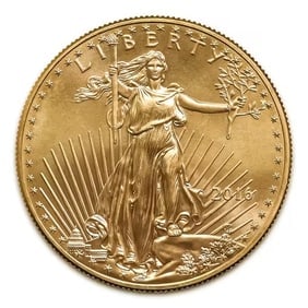 2016 American Gold Eagle 1/10 oz Uncirculated: 2016 American Gold Eagle 1/10 oz Uncirculated: Brilliant uncirculated 1/10 oz gold coin featuring Lady Liberty on the obverse and two bald eagles on the reverse, backed by the U.S. Mint for weight, pu