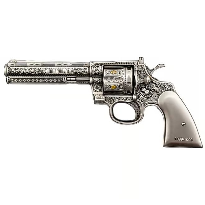 5 oz Silver Revolver Gun Shaped Antiqued High Relief .999 Fine