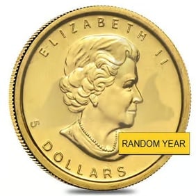 1/10 oz Canadian Gold Maple Leaf Coin (Abrasions,Random Year): 1/10 oz Canadian Gold Maple Leaf Coin (Abrasions, Random Year) - .9999 fine gold with $5 CAD face value, featuring Queen Elizabeth II and the iconic maple leaf. Perfect for fractional gold investing w