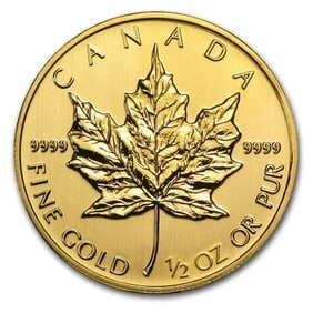 2014 Canada 1/2 oz Gold Maple Leaf BU: 2014 Canada 1/2 oz Gold Maple Leaf BU, struck in 1/2 troy ounce of .9999 fine gold, offers investment-grade purity in a smaller, highly recognizable format. Multiples of 10 are packaged in sealed mint