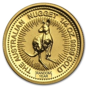 Australia 1/4 oz Gold Kangaroo/Nugget BU (Random Year): Australia 1/4 oz Gold Kangaroo/Nugget BU Coin (Random Year) - 1/4 oz .9999 fine gold, Brilliant Uncirculated in protective packaging, sovereign bullion from the Perth Mint.