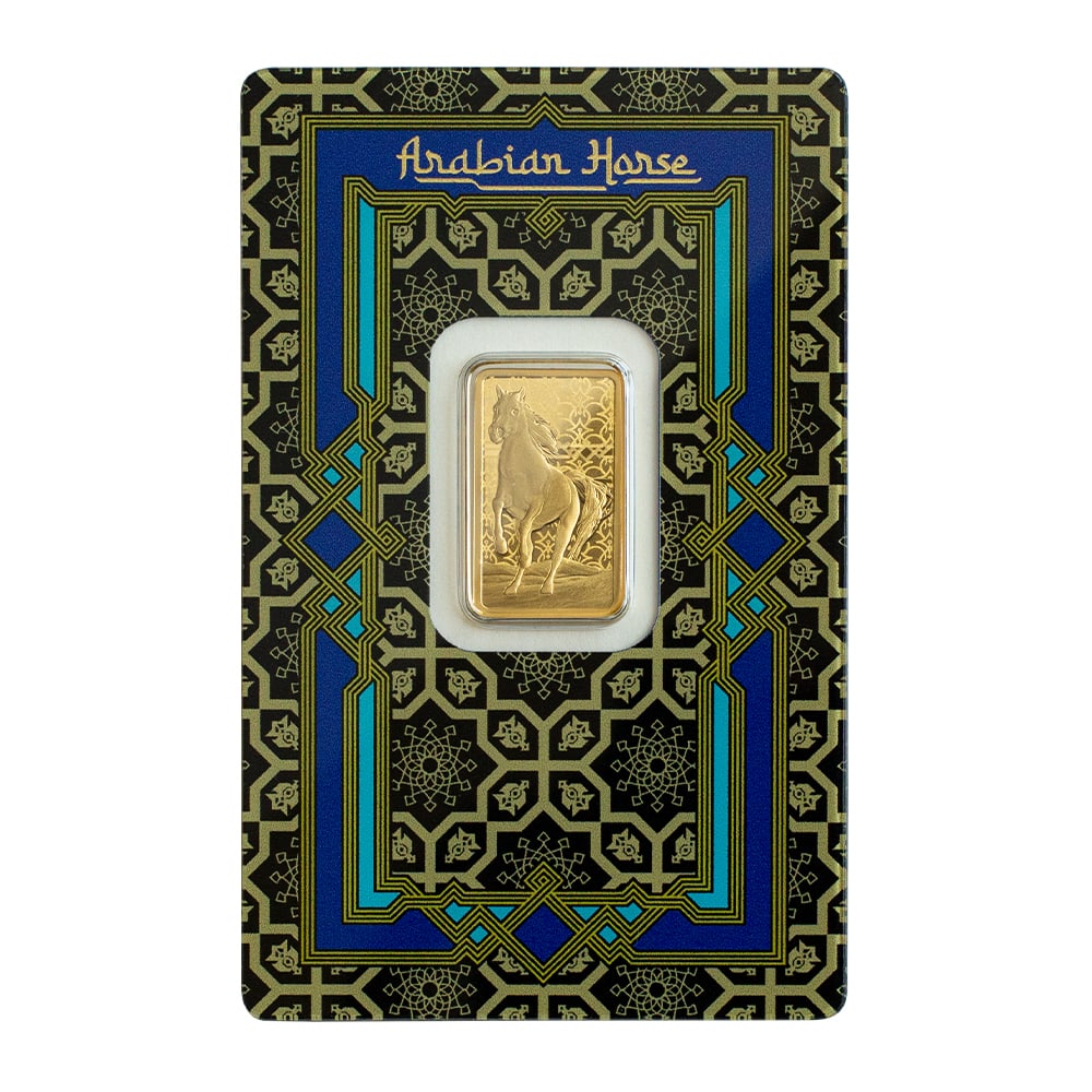 Pamp Suisse Arabian Horse 5g Pure Gold Bar with Pendant Frame: This 5 gram PAMP Suisse Gold Bar features the elegant Arabian Horse design, symbolizing beauty and strength. Struck from .9999 fine gold and presented in a stylish pendant frame. Produced by the renow