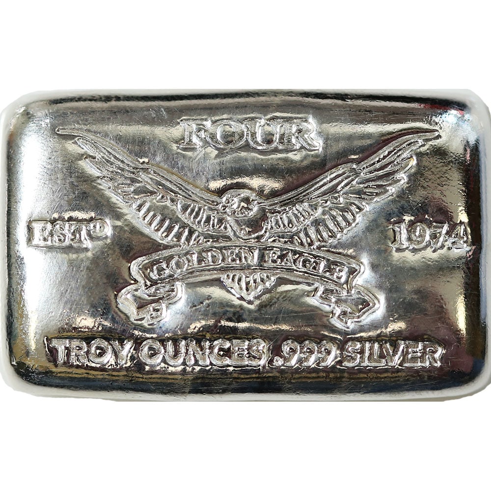 Golden Eagle 4 oz Silver Bar .999: Golden Eagle 4 oz Silver Bar .999 is a high-quality bullion piece that combines substantial silver content with striking craftsmanship. Struck from 4 troy ounces of .999 fine silver, it provides both 