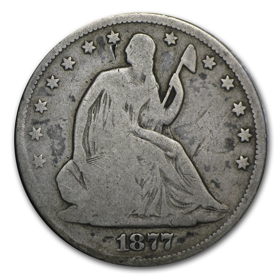 Seated Liberty Half Dollar Good 1877: The 1877 Seated Liberty Half Dollar in Good condition is a later-date issue from the series final decades. A 90% silver classic with steady collector demand.