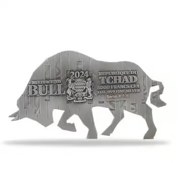 2024 Chad 1 oz Silver Multifaceted Bull Shaped Coin .999 Fine: Struck in 1 oz of .999 fine silver, this multifaceted bull-shaped coin features a modern geometric design symbolizing strength and determination. Its unique sculpted format and sharp angular details c