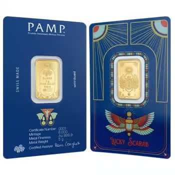 5 Gram PAMP Suisse Lucky Scarab Gold Bar .9999 Fine (in Assay): This 5 Gram PAMP Suisse Lucky Scarab Gold Bar contains 5 grams of .9999 fine gold and displays the ancient Egyptian scarab symbol, representing protection and rebirth. Issued in assay packaging for se