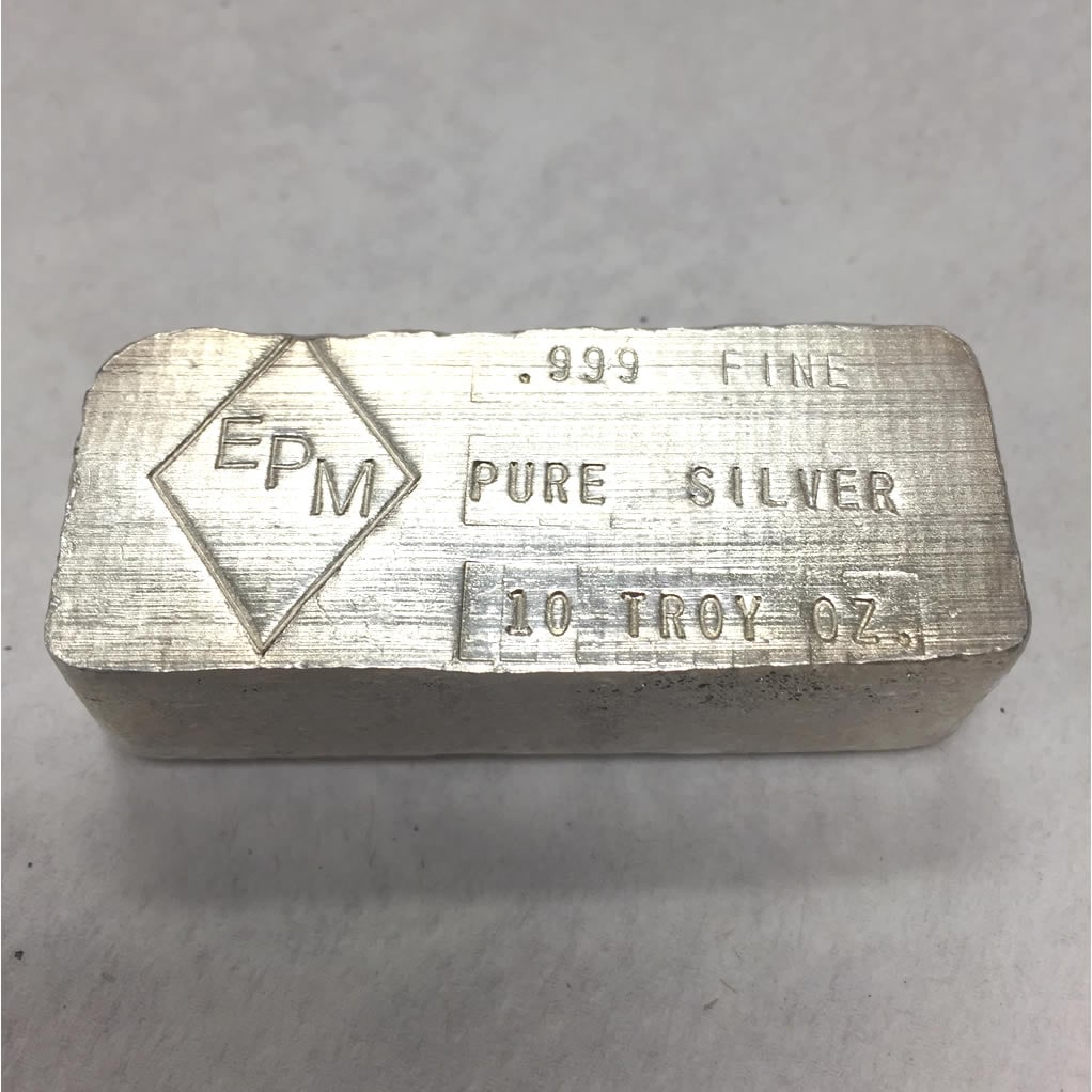 Vintage Poured EPM 10 oz Bar: This 10 oz Engelhard Silver Bar - Loaf Style is composed of .999 fine silver and features the classic poured loaf shape with stamped hallmark and weight markings. A vintage-style 10 troy ounce silver 