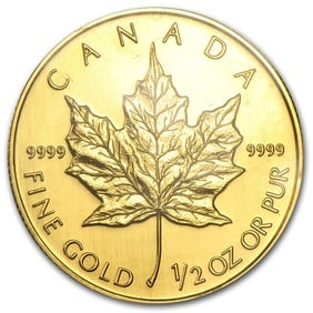 1993 Canada 1/2 oz Gold Maple Leaf BU: 1993 Canada 1/2 oz Gold Maple Leaf BU, struck in 1/2 troy ounce of .9999 fine gold, is a classic bullion coin renowned for its purity and iconic Canadian design. Each coin comes in protective plastic 