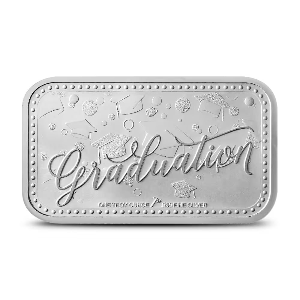 1 oz Silver Engravable Graduation Bar (New w/Gift Box): Celebrate academic achievement with this 1 oz .999 fine silver engravable bar. Featuring space for a personalized message, name, or graduation date, it creates a meaningful keepsake for graduates. Pre