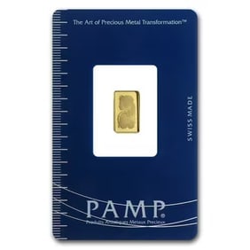 PAMP Suisse 1 Gram Gold Bar: This 1 gram PAMP Suisse Gold Bar is minted from .9999 fine gold and showcases the precision of Swiss refining. Each bar is sealed in assay packaging verifying its weight and purity. Its compact size m