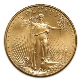 2005 American Gold Eagle 1/4 oz Uncirculated: 2005 American Gold Eagle 1/4 oz - Uncirculated: Brilliant uncirculated coin featuring Lady Liberty on the obverse and two Bald Eagles building a nest on the reverse. US Mint-guaranteed 22-karat gold, 