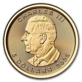 2025 1/10 oz Canadian Gold Maple Leaf Uncirculated: The 2025 Canadian Gold Maple Leaf contains 1/10 oz of .9999 fine gold. Issued by the Royal Canadian Mint, it features the iconic maple leaf design recognized worldwide. A popular gold bullion coin off