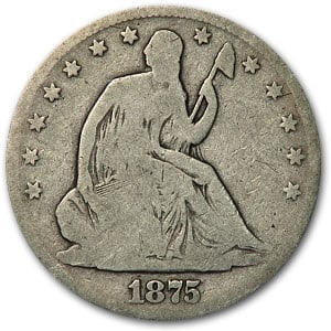 Seated Liberty Half Dollar Good 1875: The 1875 Seated Liberty Half Dollar in Good condition presents strong date visibility and classic 90% silver composition. A solid addition to any type or date set.