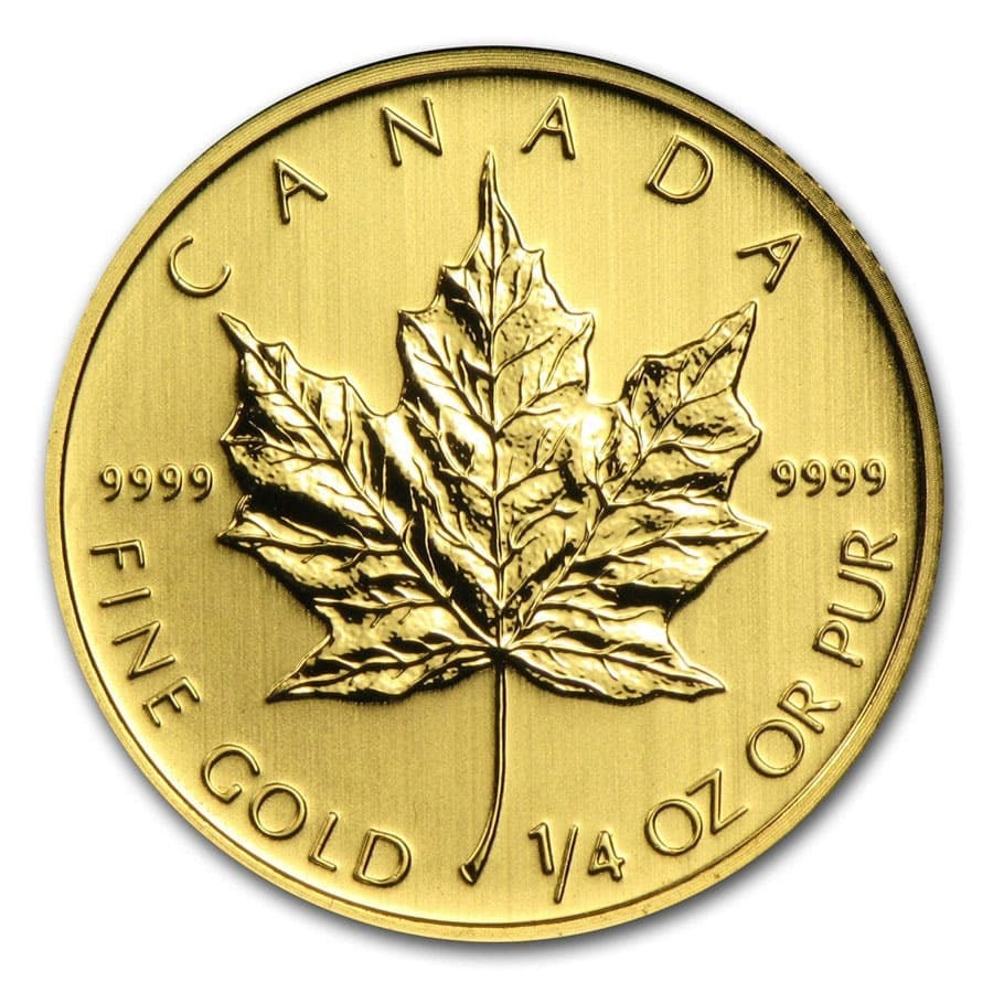 Canada 1/4 oz Gold Maple Leaf (Random Year): Canada 1/4 oz Gold Maple Leaf (Random Year), struck in 1/4 troy ounce of .9999 fine gold, offers the same world-renowned purity and craftsmanship as the larger Maple Leaf coins in a more compact size.