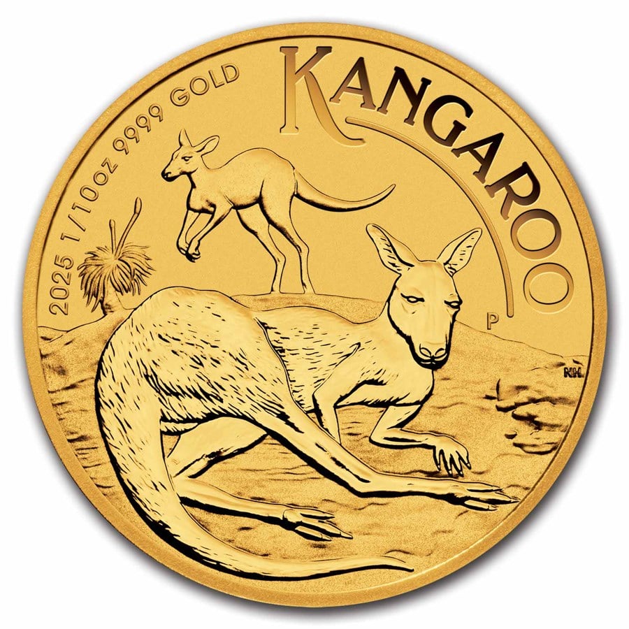 2025 Australia 1/10 oz Gold Kangaroo BU: 2025 Australia 1/10 oz Gold Kangaroo BU Coin - 1/10 oz .9999 fine gold, Brilliant Uncirculated in protective capsule, limited mintage of 200,000, sovereign bullion from the Perth Mint.