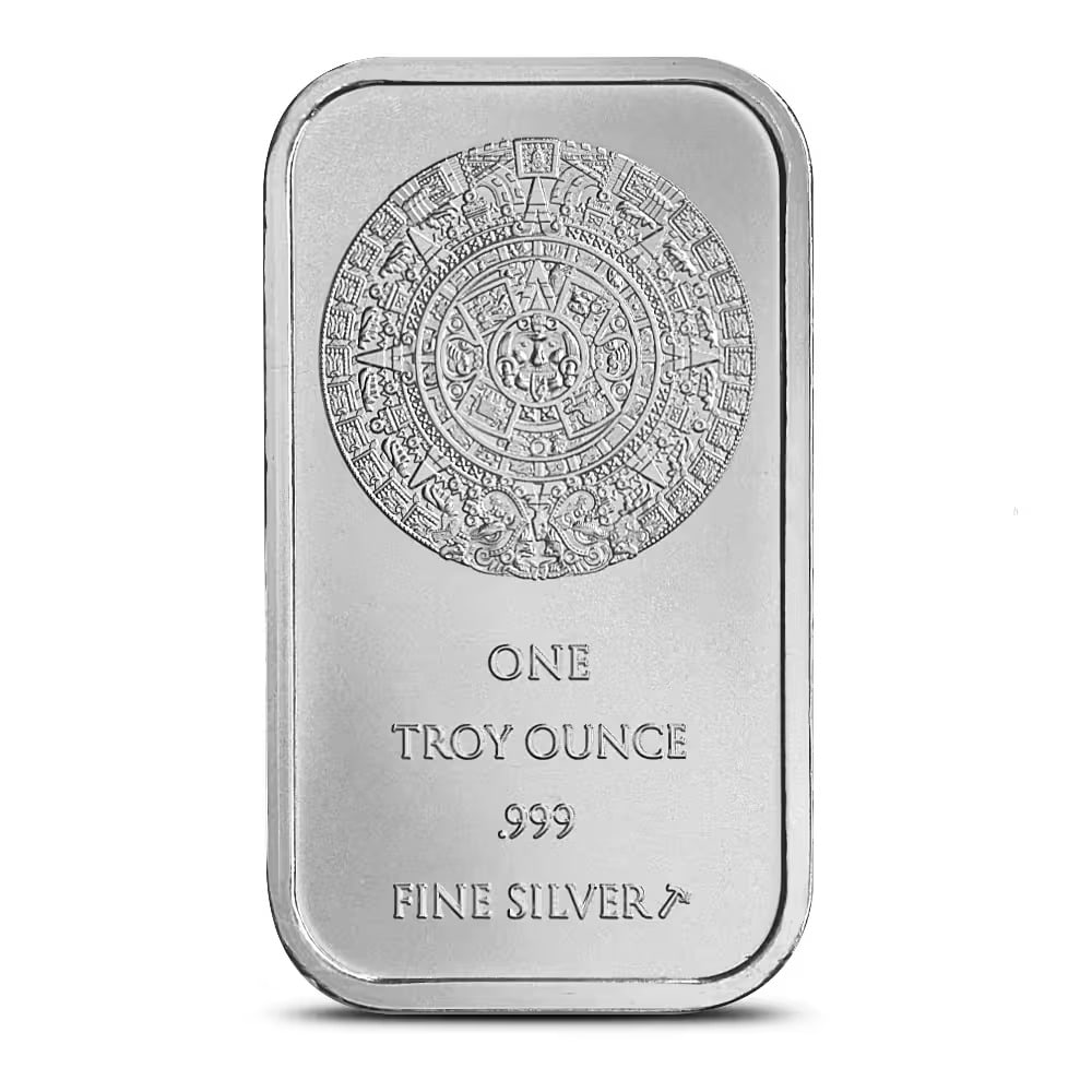 1 oz SilverTowne Aztec Calendar Silver Bar (New): Struck from 1 Troy Ounce of .999 fine silver, this SilverTowne bar features the iconic Aztec Calendar design in remarkable detail. Combining bullion value with artistic beauty, it is a favorite among 
