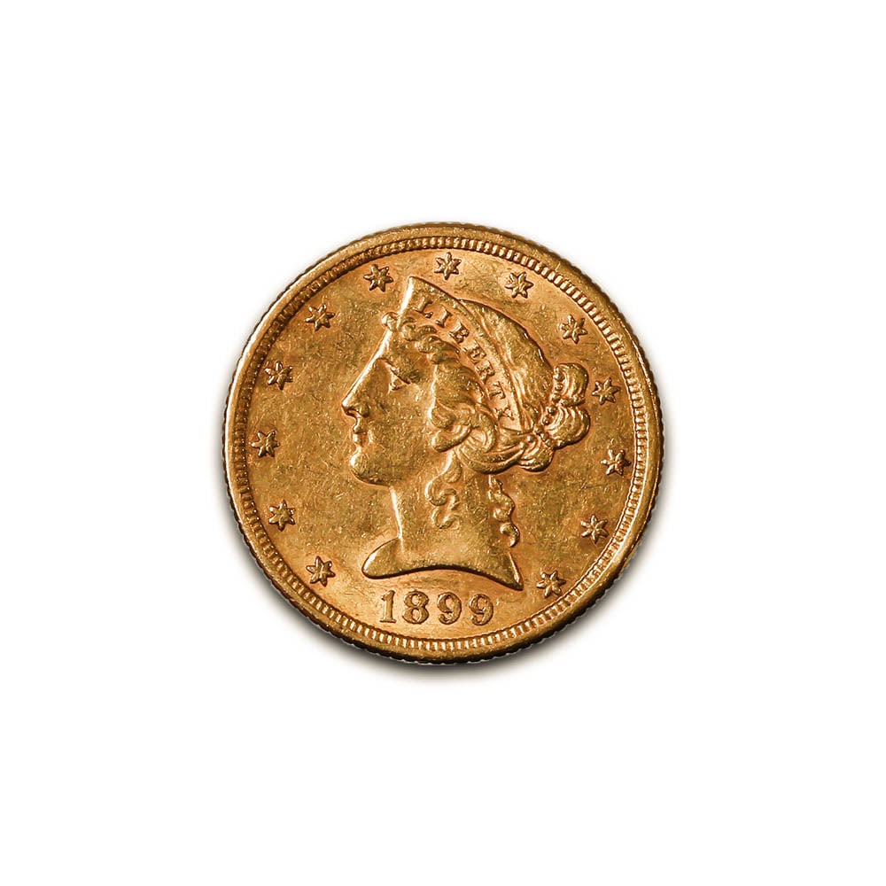 $5 Gold Liberty 1899-S XF: The 1899-S $5 Gold Liberty is a distinguished coin from the Liberty Head Half Eagle series (1839-1908), minted at the San Francisco Mint. Designed by Christian Gobrecht, it features a left-facing Lady