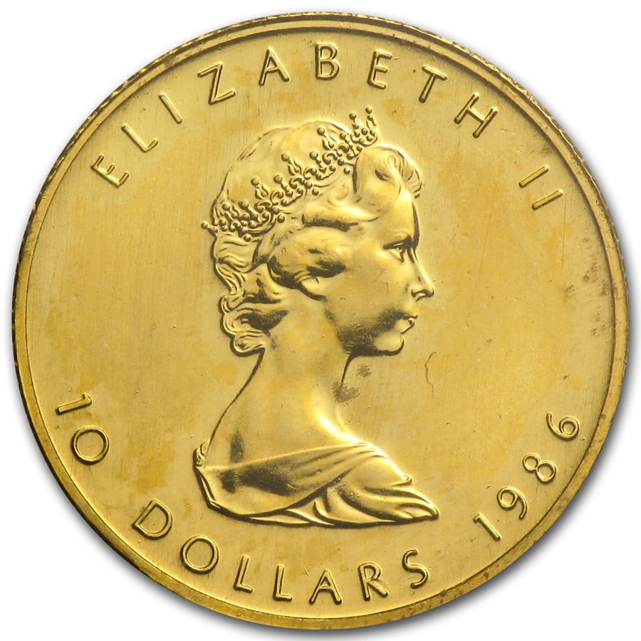 1986 Canada 1/4 oz Gold Maple Leaf BU: 1986 Canada 1/4 oz Gold Maple Leaf BU, struck in 1/4 troy ounce of .9999 fine gold, features the classic Canadian Maple Leaf design with investment-grade purity. Each coin comes sealed in mint plastic